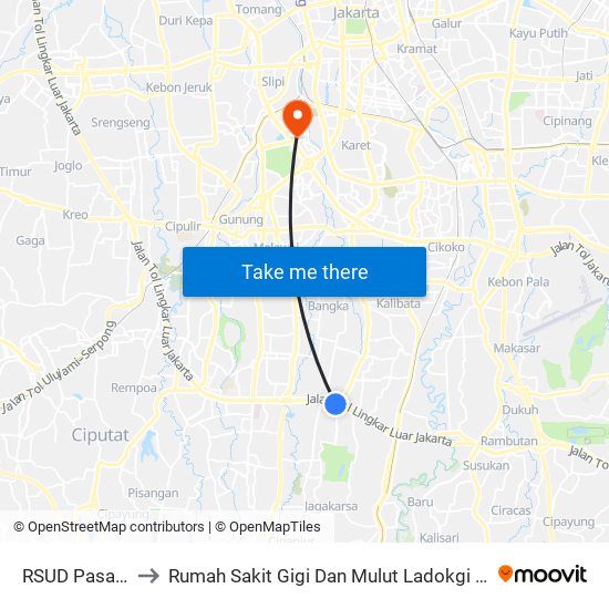 RSUD Pasar Minggu to Rumah Sakit Gigi Dan Mulut Ladokgi TNI AL R.E Martadinata map