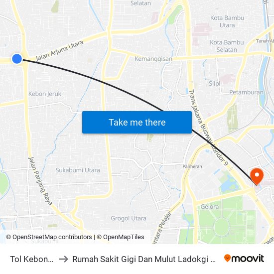 Tol Kebon Jeruk 2 to Rumah Sakit Gigi Dan Mulut Ladokgi TNI AL R.E Martadinata map