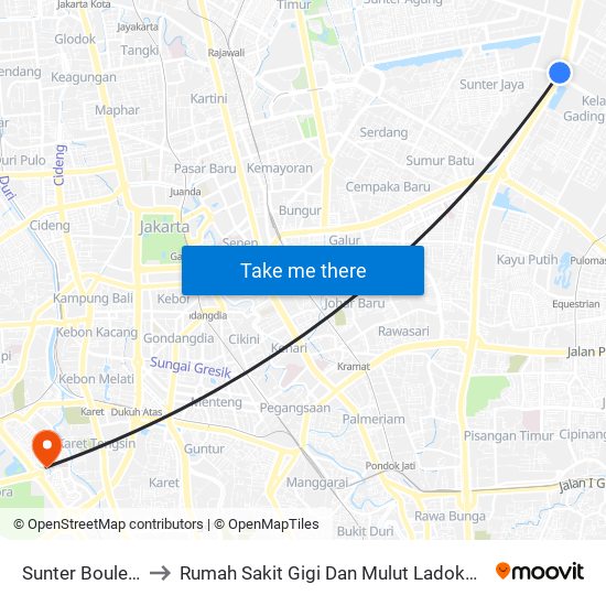 Sunter Boulevard Barat to Rumah Sakit Gigi Dan Mulut Ladokgi TNI AL R.E Martadinata map