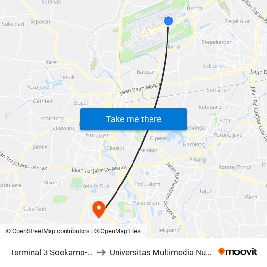 Terminal 3 Soekarno-Hatta to Universitas Multimedia Nusantara map