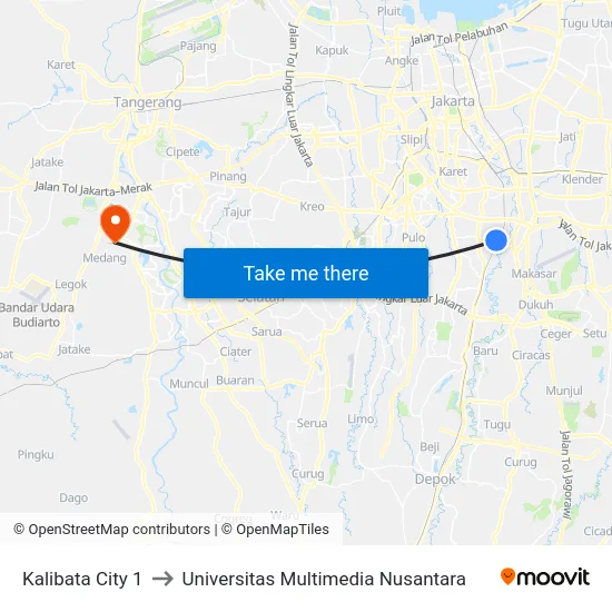 Kalibata City 1 to Universitas Multimedia Nusantara map