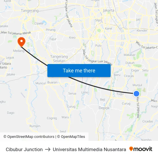 Cibubur Junction to Universitas Multimedia Nusantara map
