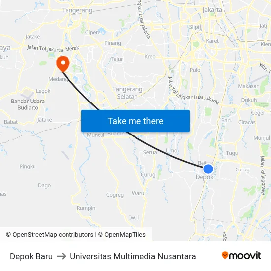 Depok Baru to Universitas Multimedia Nusantara map