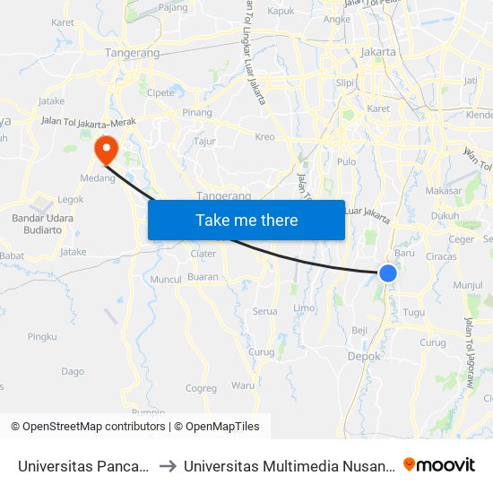 Universitas Pancasila to Universitas Multimedia Nusantara map