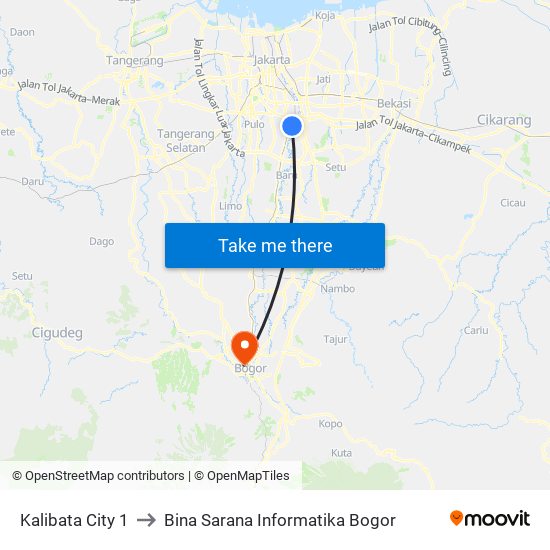 Kalibata City 1 to Bina Sarana Informatika Bogor map