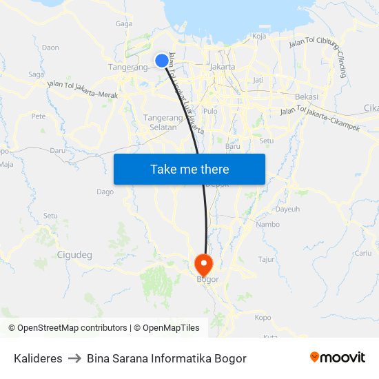 Kalideres to Bina Sarana Informatika Bogor map