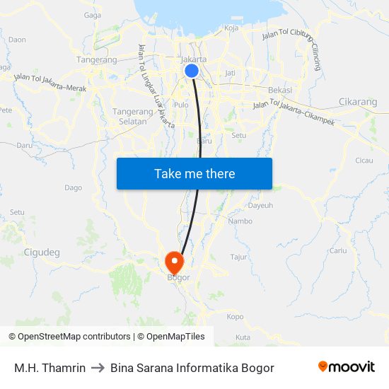 M.H. Thamrin to Bina Sarana Informatika Bogor map