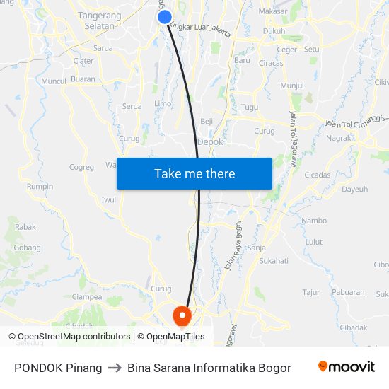 PONDOK Pinang to Bina Sarana Informatika Bogor map