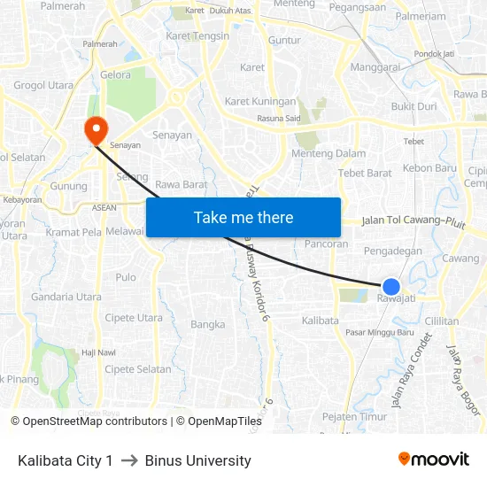 Kalibata City 1 to Binus University map