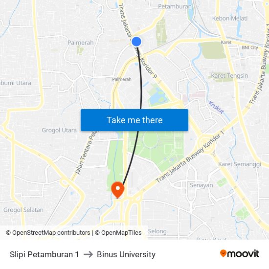 Slipi Petamburan 1 to Binus University map