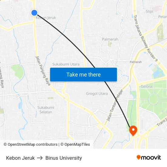 Kebon Jeruk to Binus University map