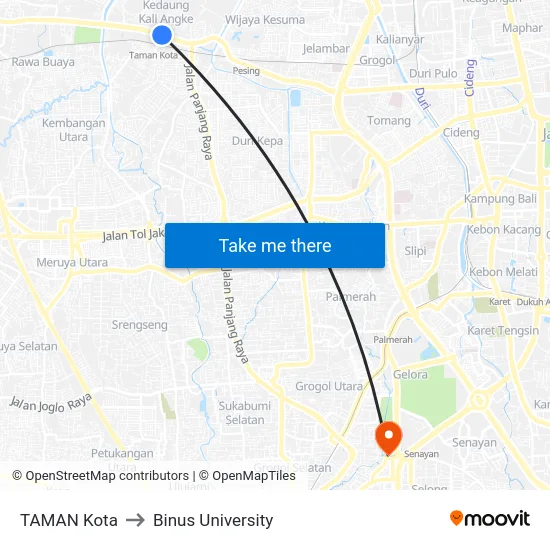 TAMAN Kota to Binus University map