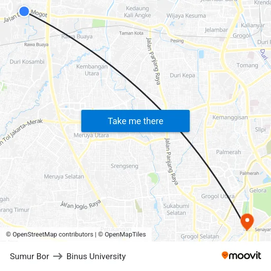 Sumur Bor to Binus University map