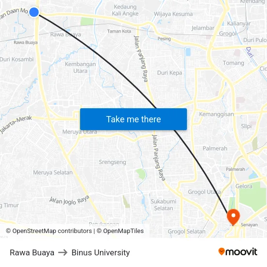Rawa Buaya to Binus University map
