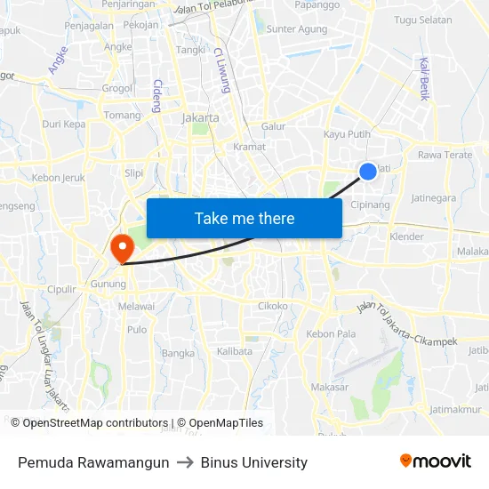 Pemuda Rawamangun to Binus University map