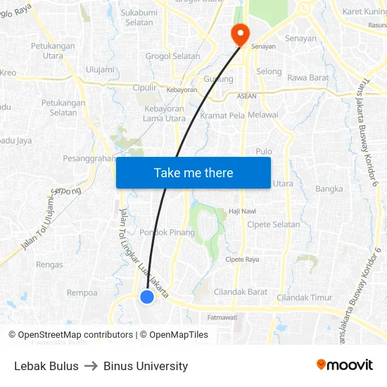 Lebak Bulus to Binus University map