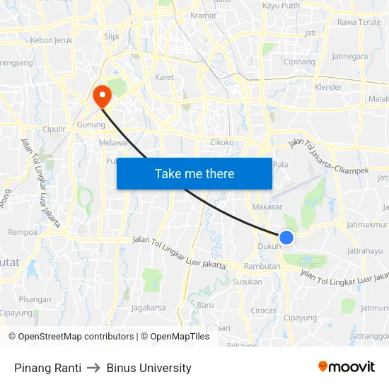 Pinang Ranti to Binus University map
