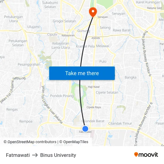 Fatmawati to Binus University map