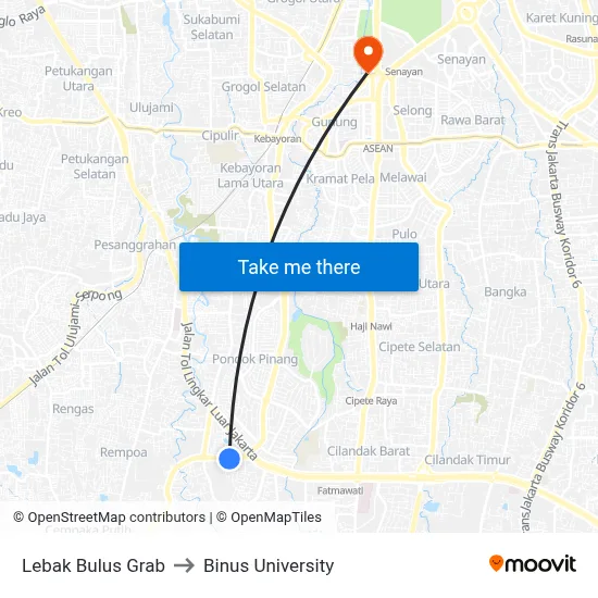 Lebak Bulus Grab to Binus University map