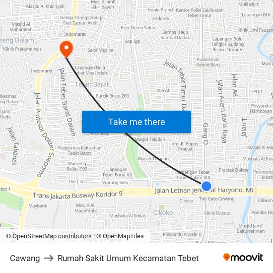 Cawang to Rumah Sakit Umum Kecamatan Tebet map