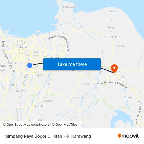 Simpang Raya Bogor Cililitan to Karawang map