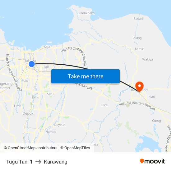 Tugu Tani 1 to Karawang map