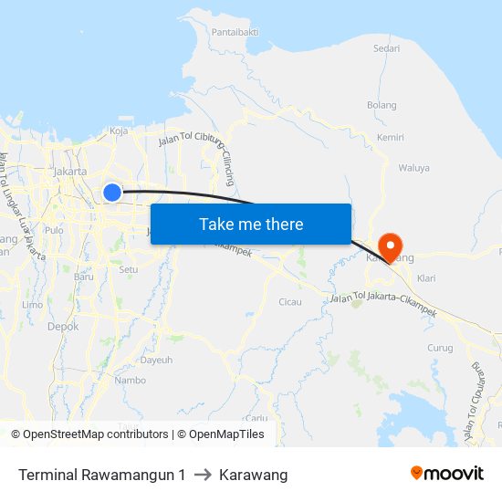 Terminal Rawamangun 1 to Karawang map