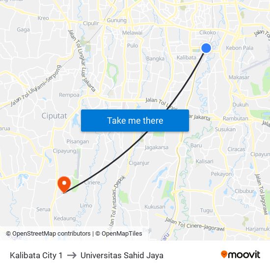 Kalibata City 1 to Universitas Sahid Jaya map
