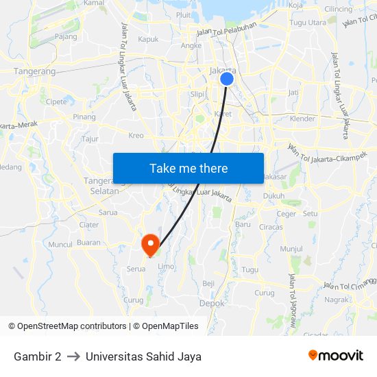Gambir 2 to Universitas Sahid Jaya map