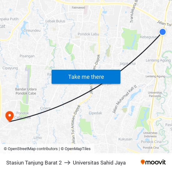 Stasiun Tanjung Barat 2 to Universitas Sahid Jaya map