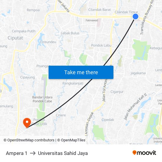 Ampera 1 to Universitas Sahid Jaya map