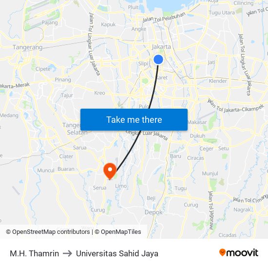 M.H. Thamrin to Universitas Sahid Jaya map