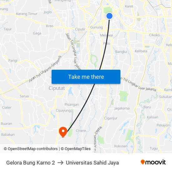 Gelora Bung Karno 2 to Universitas Sahid Jaya map