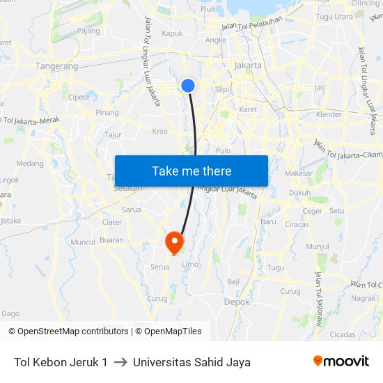 Tol Kebon Jeruk 1 to Universitas Sahid Jaya map
