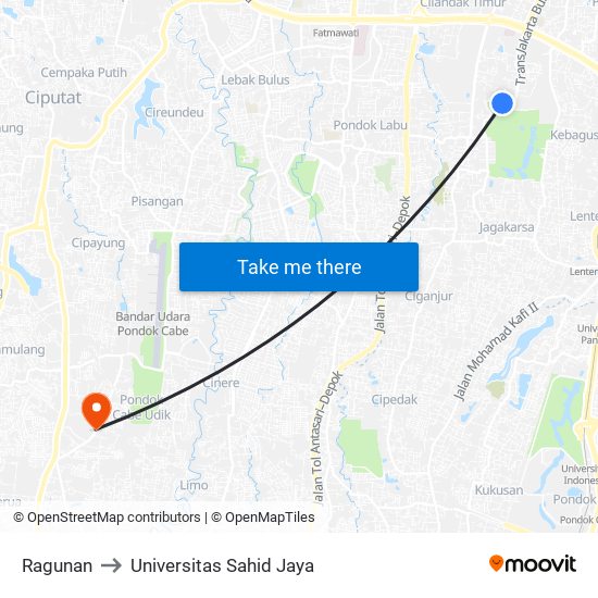 Ragunan to Universitas Sahid Jaya map