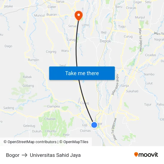 Bogor to Universitas Sahid Jaya map