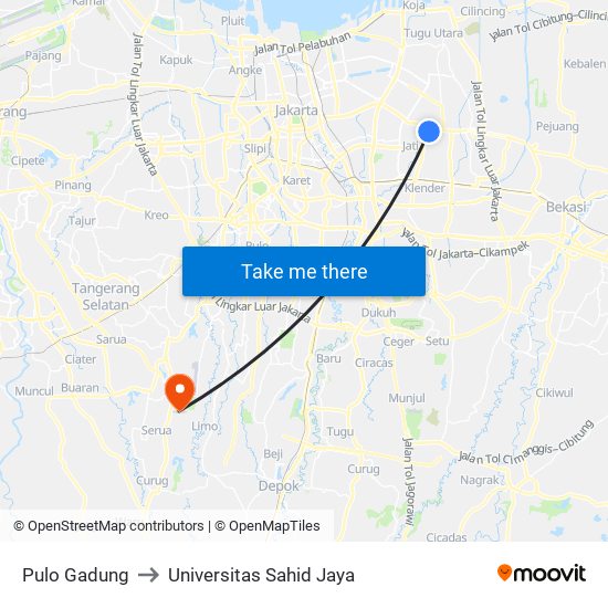 Pulo Gadung to Universitas Sahid Jaya map