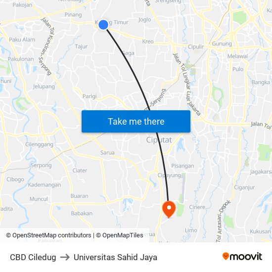 CBD Ciledug to Universitas Sahid Jaya map
