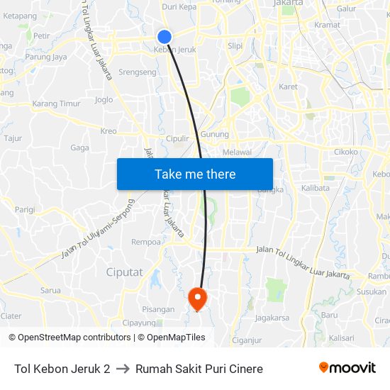 Tol Kebon Jeruk 2 to Rumah Sakit Puri Cinere map