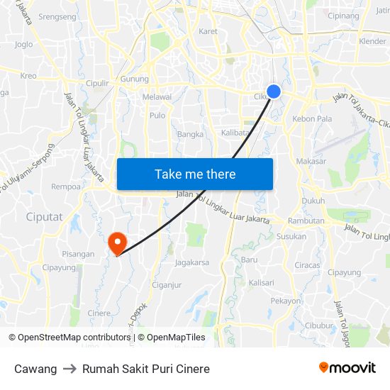 Cawang to Rumah Sakit Puri Cinere map