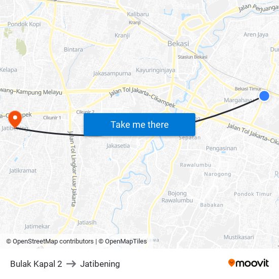 Bulak Kapal 2 to Jatibening map