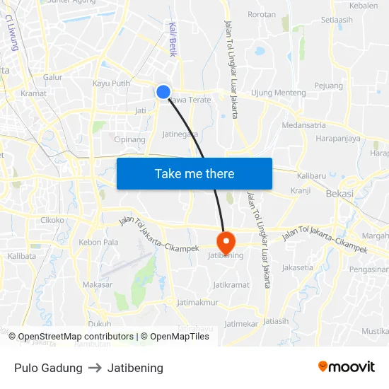 Pulo Gadung to Jatibening map