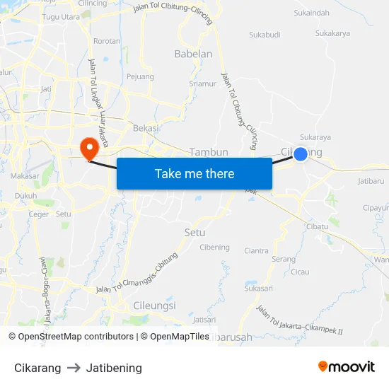 Cikarang to Jatibening map