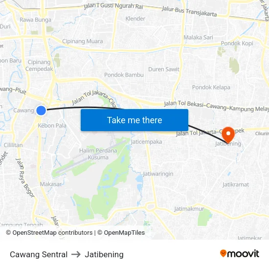 Cawang Sentral to Jatibening map