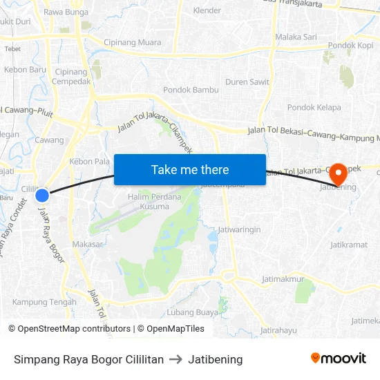 Simpang Raya Bogor Cililitan to Jatibening map