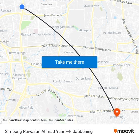 Simpang Rawasari Ahmad Yani to Jatibening map