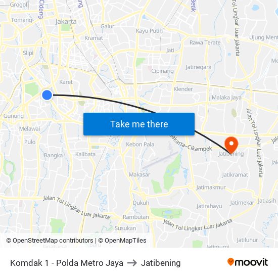 Komdak 1 - Polda Metro Jaya to Jatibening map