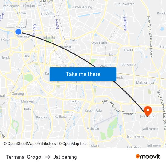 Terminal Grogol to Jatibening map
