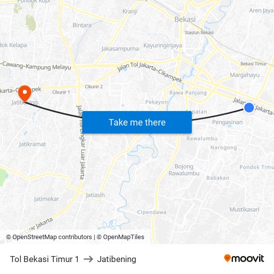 Tol Bekasi Timur 1 to Jatibening map