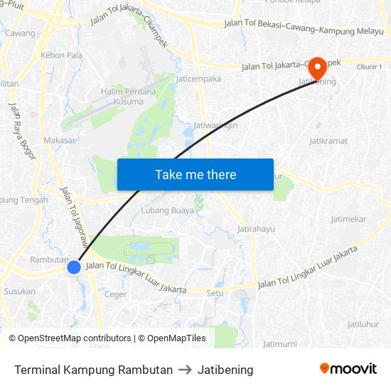 Terminal Kampung Rambutan to Jatibening map
